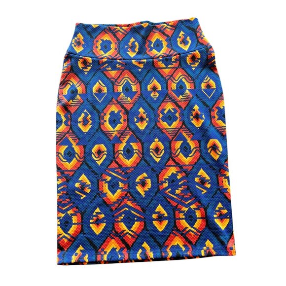 LuLaRoe Cassie Pencil Skirt In A Blue, Red, & Orange Aztec Print, size S - Picture 2 of 7